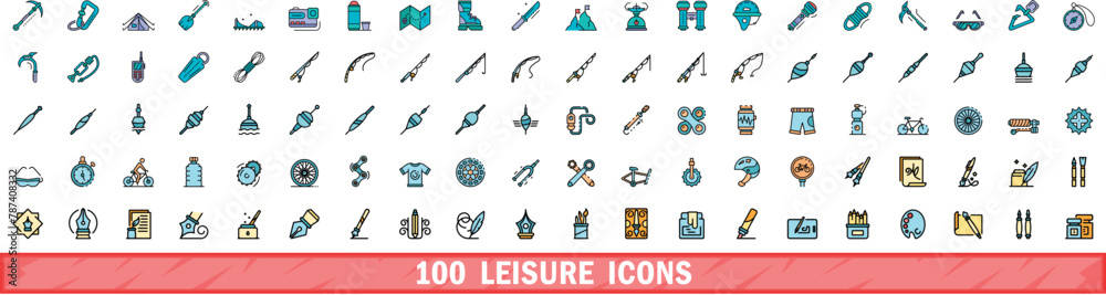 100 leisure icons set. Color line set of leisure vector icons thin line color flat on white