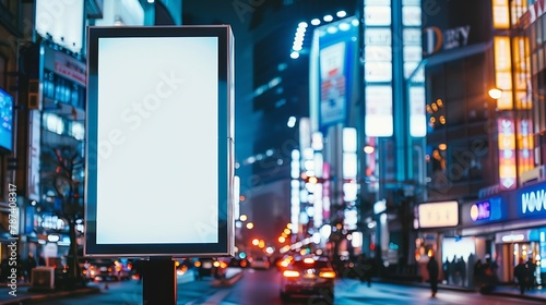 Blank mock up of vertical street poster billboard on city background Electronic modern empty scoreboard on the background of a city street in the evening copy space : Generative AI