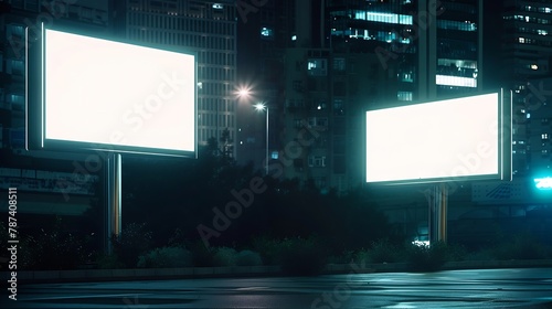 two billboard in one stop nearby glow box White field for advertising glowing at night in the city Vertical Field Mockup : Generative AI