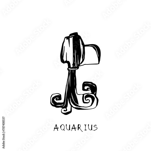 Aquarius zodiac sign, quirky horoscope icon, hand drawn vector illustration, black line art, tattoo design