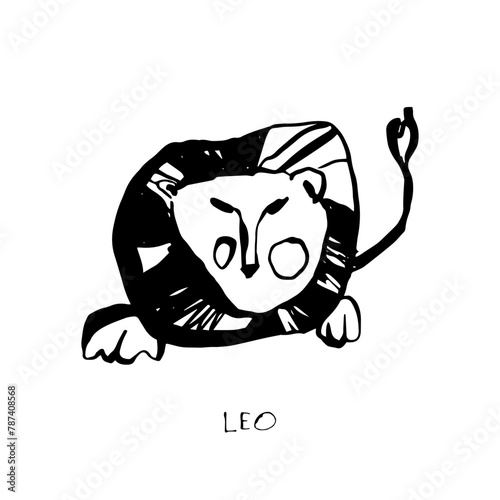Leo zodiac sign, quirky horoscope icon, hand drawn vector illustration, black line art, tattoo design