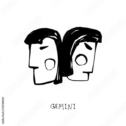 Gemini zodiac sign, quirky horoscope icon, hand drawn vector illustration, black line art, tattoo design