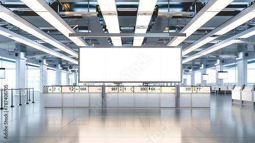 A long horizontal empty advertising billboard mockup above multiple numbered checkin counters in a modern airport terminal departure area with blank white screens templates for arrival : Generative AI photo