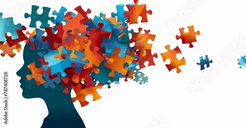 Alzheimer, dementia, epilepsy and autism concept. Neurological disease with memory loss and confused mind. Silhouette of a human head made of colorful jigsaw puzzle pieces. Mental health awareness. photo