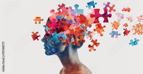 Alzheimer, dementia, epilepsy and autism concept. Neurological disease with memory loss and confused mind. Silhouette of a human head made of colorful jigsaw puzzle pieces. Mental health awareness. © Simon