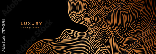 Banner with line topography map. Luxury banner with wave pattern. Flowing liquid texture. Wavy golden design. Bronze curves. Black background with gold lines. Geometric rippled surface.