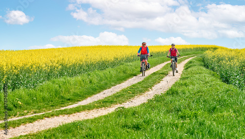 happy senior couple cycling with their electric bicycles in springtime between bloomimg trees and rape fields