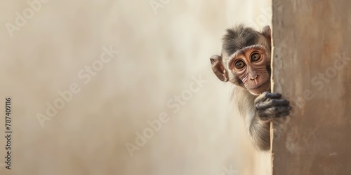 A captivating image of a monkey's hands and ear as it curiously peeks over a wall, invoking a feel of wonder and sneakiness photo