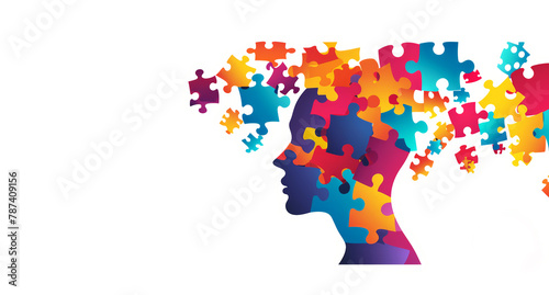 Alzheimer  dementia  epilepsy and autism concept. Neurological disease with memory loss and confused mind. Silhouette of a human head made of colorful jigsaw puzzle pieces. Mental health awareness.