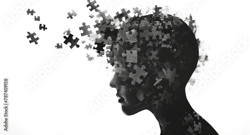 Alzheimer, dementia, epilepsy and autism concept. Neurological disease with memory loss and confused mind. Silhouette of a human head made of black jigsaw puzzle pieces. Mental health awareness.