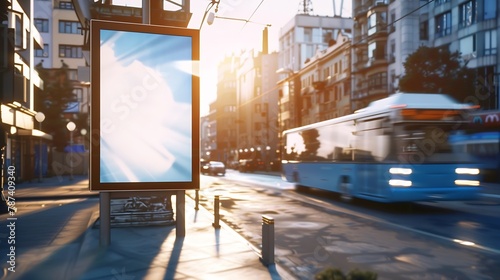 A city empty urban billboard mockup for an advertising and a blue bus passing by the template of clean urban information banner placeholder on a pavement with a trolleybus near it on t : Generative AI