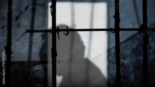 A despairing man, hands covering his face, tortured by his troubles while behind bars in a dirty prison cell, his silhouette etched on a weathered wall. Running away.
 photo