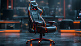 Gaming chair in game room. Professional gamers room with powerful personal computer game chair black and red color. Concept cyber sport arena. Online gaming modern technology entertainment  streaming