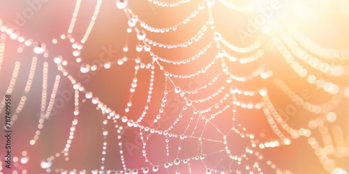 Close up of a delicate spider web, covered in morning dew against a soft-focus, glowing background