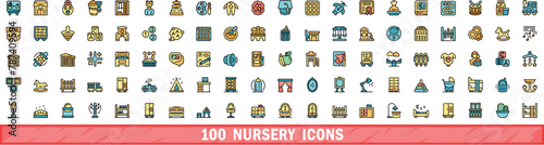 100 nursery icons set. Color line set of nursery vector icons thin line color flat on white