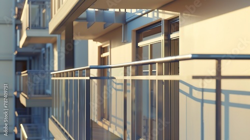 blank advertisement banner mockup located between large balconies with metal handrails of grey colour in summer : Generative AI