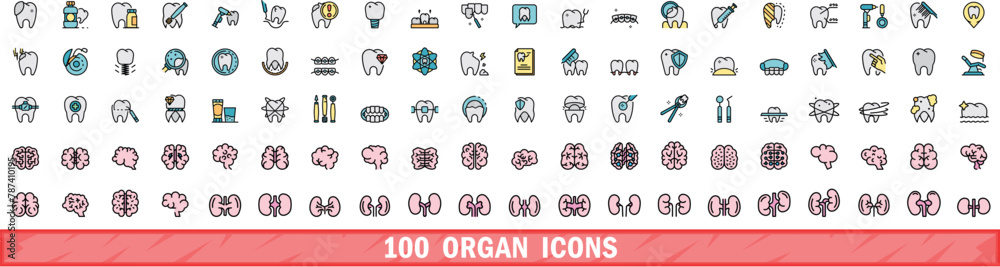 100 organ icons set. Color line set of organ vector icons thin line color flat on white