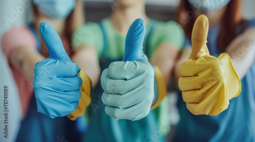Smiling people giving thumbs up in multi-colored latex gloves. Close-up studio shot with vibrant colors