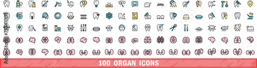 100 organ icons set. Color line set of organ vector icons thin line color flat on white