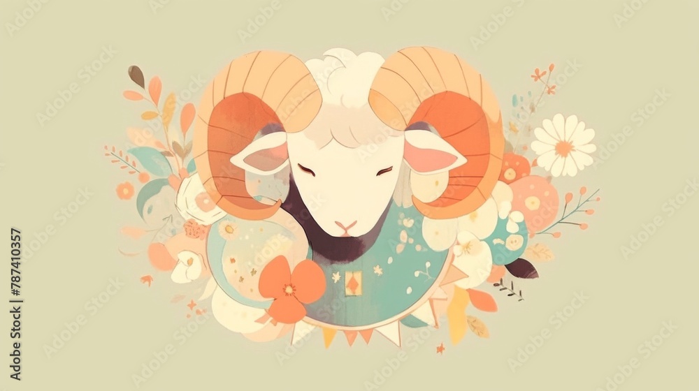 A ram with a flowery background