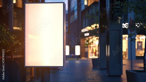 Tall outdoor portrait blank digital signage light box mock up near retail stores and restaurants taken at night ideal for large posters huge information boards and marketing advertise : Generative AI