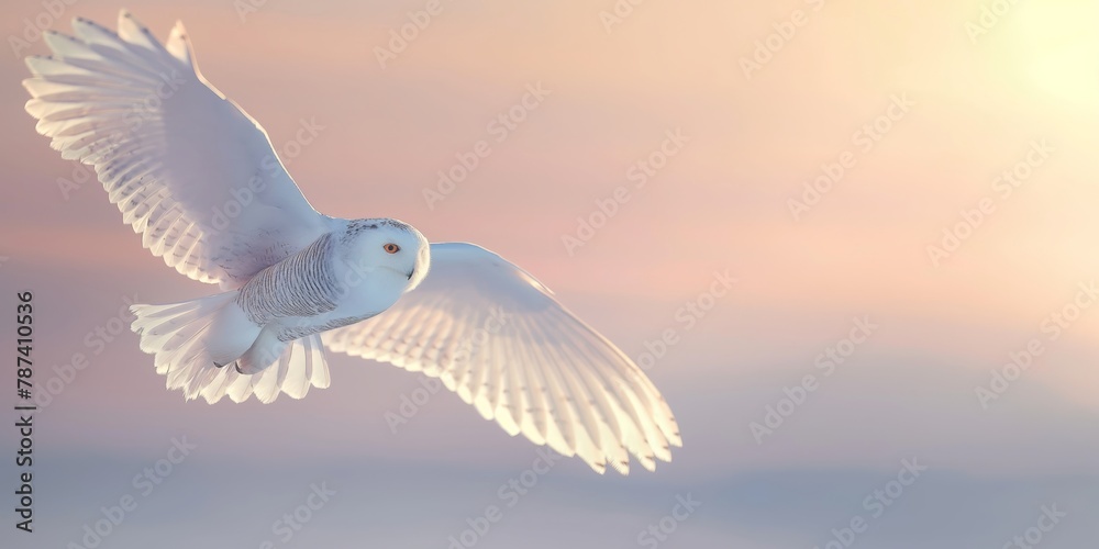 Obraz premium A majestic snowy owl soars with widespread wings in a warm sunset sky, embodying freedom and the beauty of nature