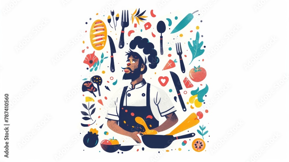 A man in a chef's hat is cooking in a kitchen with a variety of utensils