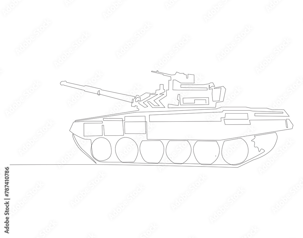 Continuous line drawing of tank. One line of military tank. War vehicle concept continuous line art. Editable outline