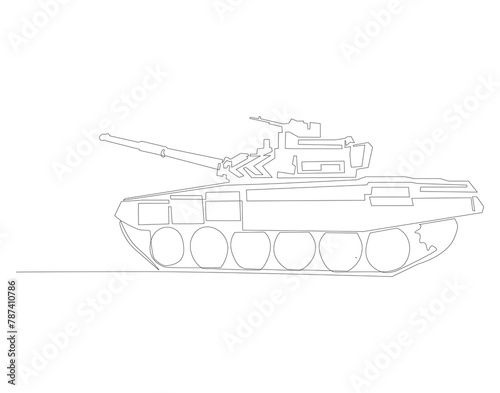 Continuous line drawing of tank. One line of military tank. War vehicle concept continuous line art. Editable outline