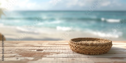A close-up of a handwoven rattan basket displayed on a weathered wooden tabletop near a beach photo