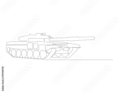 Continuous line drawing of tank. One line of military tank. War vehicle concept continuous line art. Editable outline