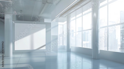 Blank white banner in modern empty open space office with big windows and pillars mock up 3D Render : Generative AI