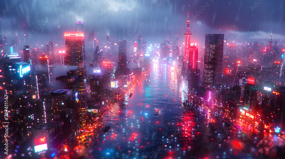 Obraz premium Futuristic cityscape in the rain with vibrant neon lights. Cyberpunk urban aesthetic with dynamic weather. Sci-fi concept for gaming background or visual effects