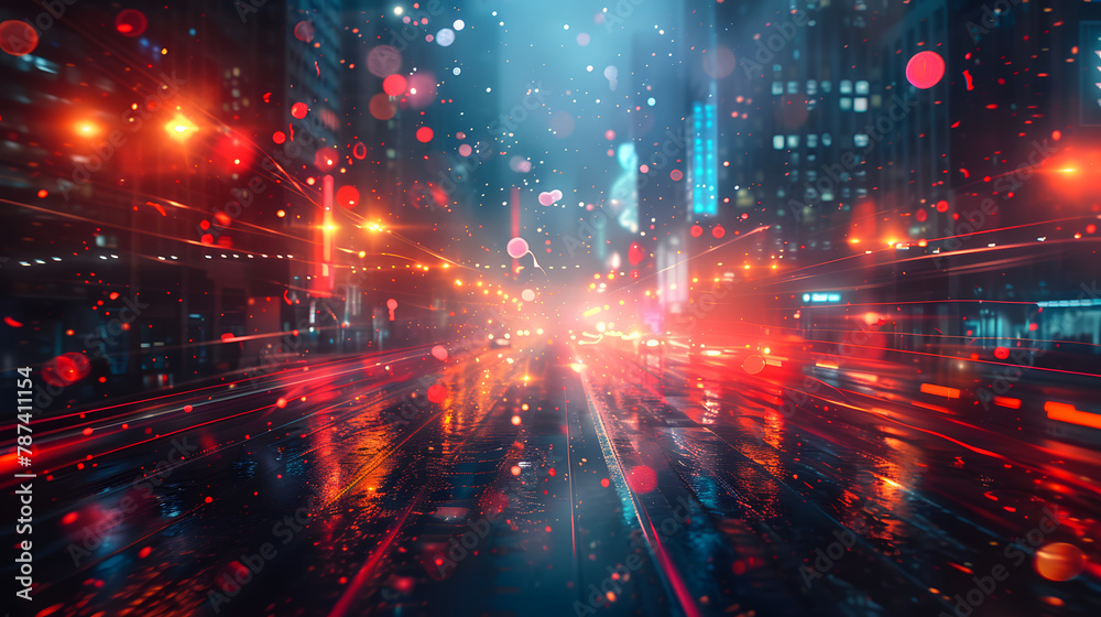 Rainy urban street view with bright neon lights reflecting on wet surfaces. Night city life with a cinematic cyberpunk vibe. Contemporary metropolitan scene for creative projects
