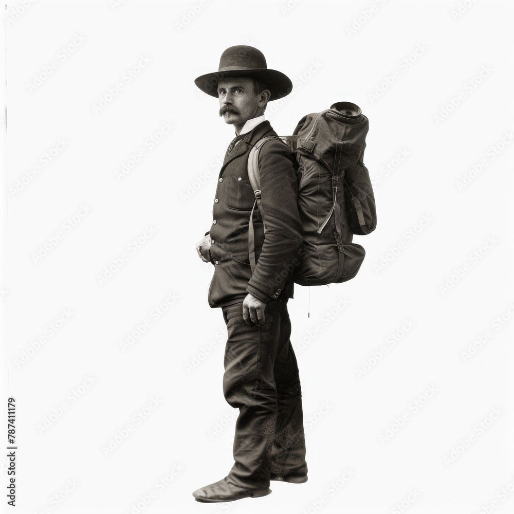 A man in a hat and coat is carrying a backpack