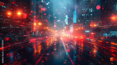 Rainy urban street view with bright neon lights reflecting on wet surfaces. Night city life with a cinematic cyberpunk vibe. Contemporary metropolitan scene for creative projects