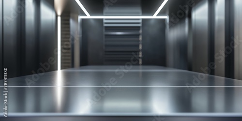 Depicting an empty, sci-fi-themed corridor with neon lights, this image portrays a suspenseful and futuristic atmosphere