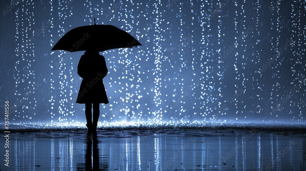 A woman stands with a purple umbrella in the rain, under the electric blue sky