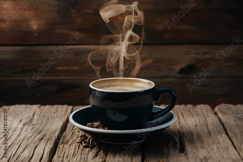 Coffee culture captured steaming cup on a rustic table