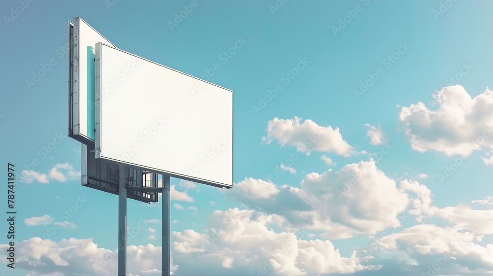 Two blank white billboards or large displays on tower and clouds against blue sky mock up image Mockup isolated white screen background consumerism advertising template copyspace conc : Generative AI Two blank white billboards or large displays on tower and clouds against blue sky mock up image Mockup isolated white screen background consumerism advertising template copyspace conc : Generative AI