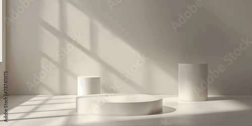 A play of light and shadow on white  geometric shapes highlighting the beauty of simplicity and negative space