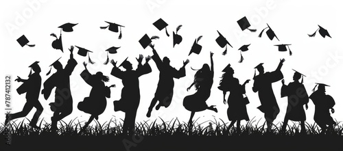 Silhouette of students celebrating their graduation with caps in the air on white background Generative AI