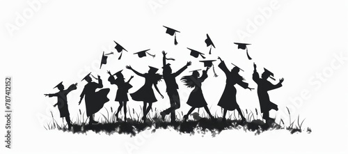 Silhouette of students celebrating their graduation with graduation caps in the air lat design, simple lines and shapes Generative AI