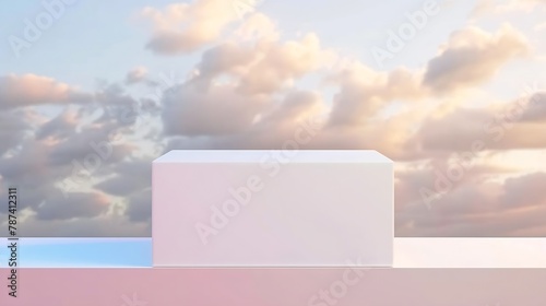 Blank white big rectangular box on shop mockup sky background Empty emporium banner mock up Clear signplate for sport or department store mokcup template : Generative AI photo