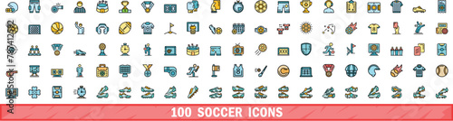 100 soccer icons set. Color line set of soccer vector icons thin line color flat on white