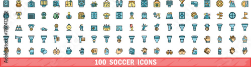 100 soccer icons set. Color line set of soccer vector icons thin line color flat on white