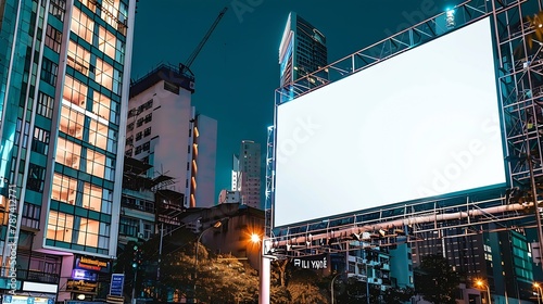 Blank white billboard on city buildings background at night front view Mockup advertising concept : Generative AI photo