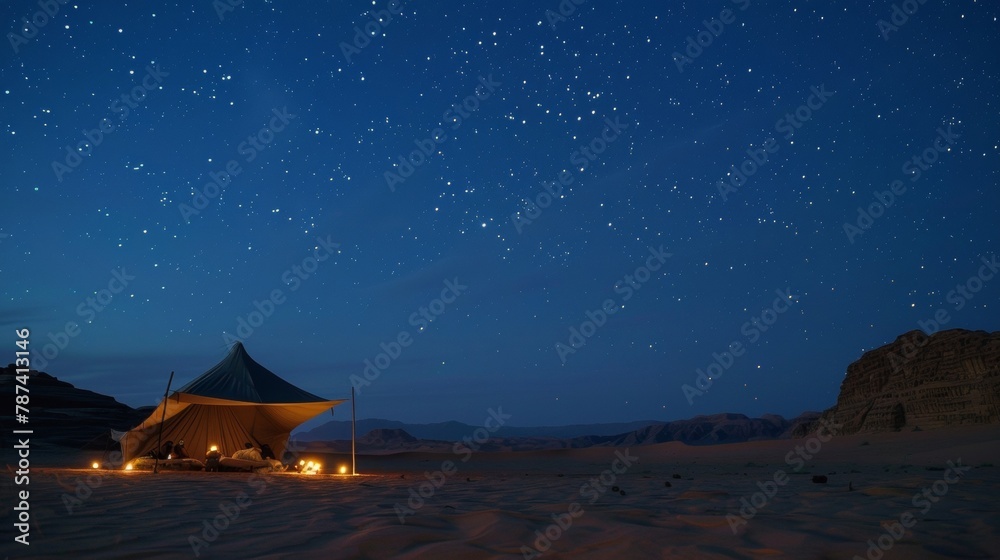The tranquil stillness of the desert at night broken only by the occasional camels grunt provides a serene backdrop for a restful slumber. 2d flat cartoon.