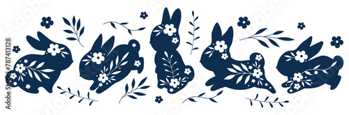 Happy Easter, decorated easter bunny for cards, banner. Bunnies, flowers, branch, decor. Folk style patterned design.Cute cartoon rabbits. Funny white hares, Easter bunnies. Standing, sitting, running