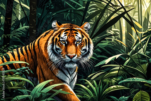 A Majestic tiger prowling through dense jungle undergrowth vector art illustration image. 